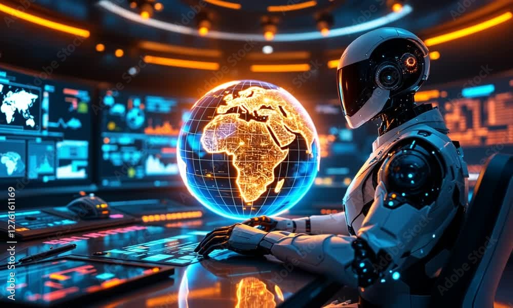 Robot monitoring global network; futuristic control room