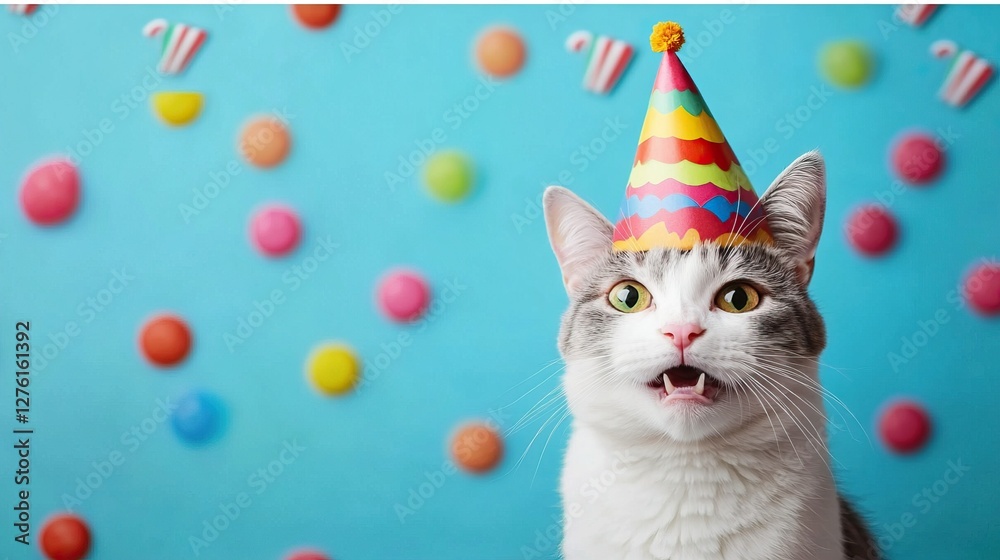 Colorful cat in party hat with silly expression and vibrant background celebrating april fool's day concept Colorful cat in party hat with silly expression and vibrant background celebrating april fool's day concept
