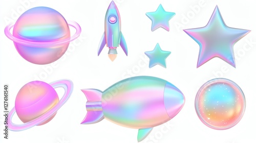 Colorful pastel celestial shapes including planets, rockets, and stars on a light background