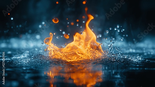 Fiery orange flames splashing into cool blue water