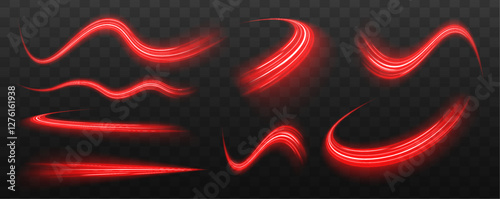 Set glowing neon light trail element Bright red-orange speed line wave  luminous curved swirl concept. Shiny fiery streaks for posters, banners, and flyers. Vector design.