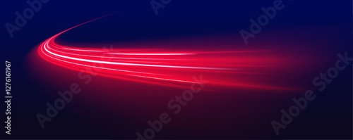 Glowing neon light trail element Bright red orange speed line wave  luminous curved swirl concept. Shiny fiery streaks for posters, banners, and flyers. Vector design.