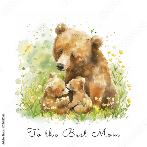 Sweet postcard of a mother bear with her cub. Great as greeting card for Mothers Day. Ai generated.