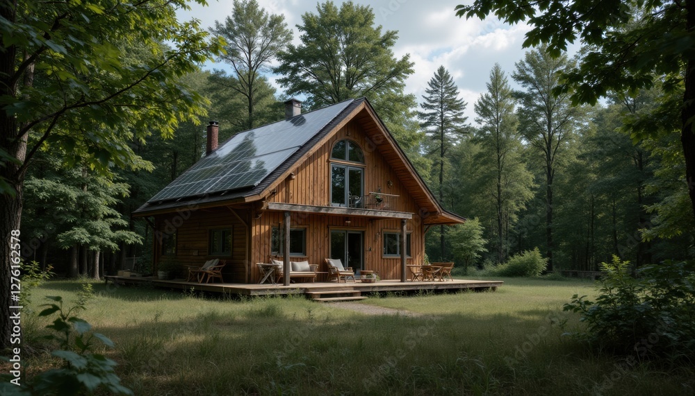 Cozy Wooden House Surrounded by Lush Green Forest and Trees In a Calm Natural Setting Cozy Wooden House Surrounded by Lush Green Forest and Trees In a Calm Natural Setting
