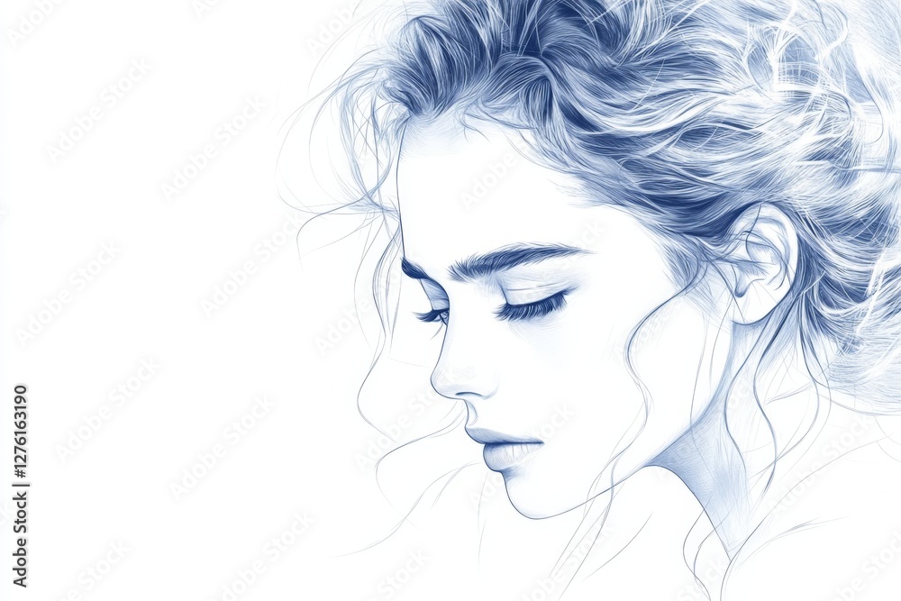 Delicate blue portrait of a woman with soft curls and serene expression captured in minimalist style Delicate blue portrait of a woman with soft curls and serene expression captured in minimalist style
