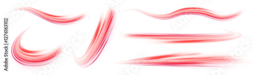 Set of abstract red glowing swirls and speed stripes with fiery glow. Vector illustration in PNG format on white background. Futuristic glowing neon effects. 