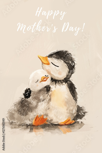 Sweet postcard of a mother duck with her duckling. Great as greeting card for Mothers Day. Ai generated.