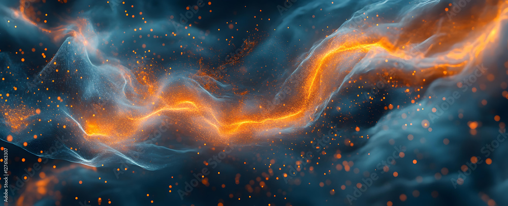 Obraz premium Abstract Cosmic Nebula with Orange and Blue Glowing Energy Stream and Sparkles