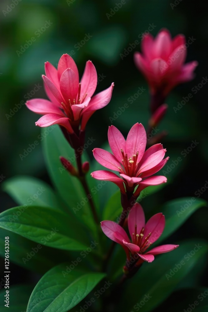 Fototapeta premium Dark green foliage with clusters of pink Alstroemeria flowers and stems, foliage, stem, plants