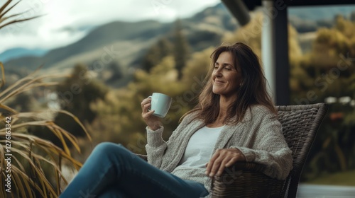 Portrait of a happy woman holding a cup of coffee on the balcony in a New Zealand forest. Female in her late thirties sipping tea, sitting on a terrace with a autumn hills picturesque view.