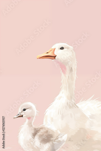 Sweet postcard of a mother duck with her duckling. Great as greeting card for Mothers Day. Ai generated.
