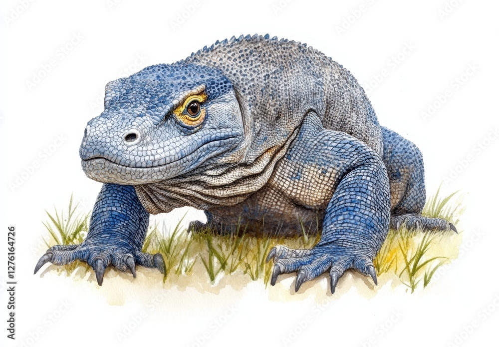Obraz premium Blue reptile watercolor painting on white background, detailed rendering of scales and textures, intense gaze, positioned in grassy area