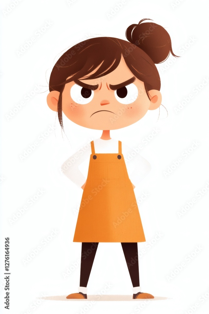 Young girl standing confidently with arms crossed, dressed in an orange apron, showcasing a determined expression Young girl standing confidently with arms crossed, dressed in an orange apron, showcasing a determined expression