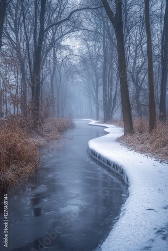 Winding river surrounded by frosty trees under a misty winter sky at dawn in a quiet woodland area