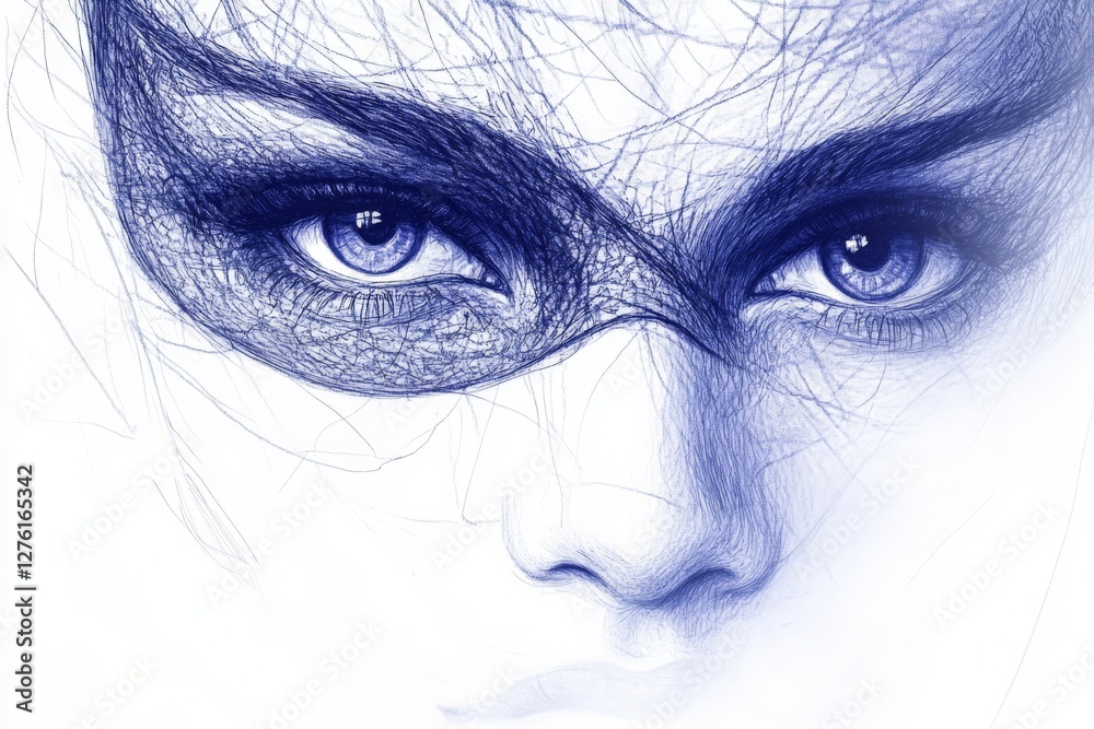 Obraz premium Intricate drawing of a female face with captivating eyes and a mysterious mask design in blue and white hues