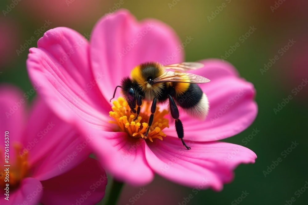 Fuzzy bumblebee crawling on a soft, velvety flower, petals, wildlife Fuzzy bumblebee crawling on a soft, velvety flower, petals, wildlife