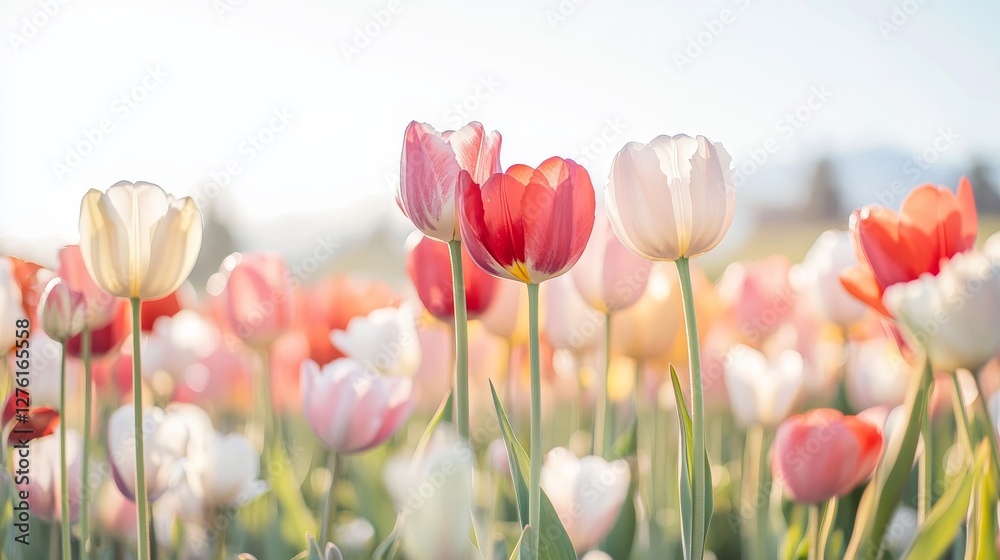 Red Tulip flower in tulip field at spring day. Colorful vivid pink tulips in the park. Spring landscape. Red tulip garden in spring. The Tulip. Beautiful bouquet of tulips in spring nature. Close up Red Tulip flower in tulip field at spring day. Colorful vivid pink tulips in the park. Spring landscape. Red tulip garden in spring. The Tulip. Beautiful bouquet of tulips in spring nature. Close up