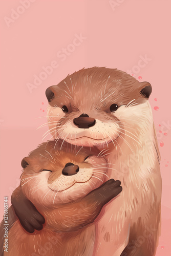 Sweet postcard of otter with cute baby. Great as greeting card for Mothers, Fathers Day, nursery design. Ai generated.