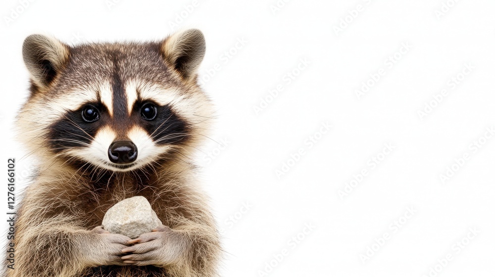 Close up portrait of an animal holding a small object, against a bright white background. The animal has dark eyes, a dark mask, and gray brown fur Close up portrait of an animal holding a small object, against a bright white background. The animal has dark eyes, a dark mask, and gray brown fur