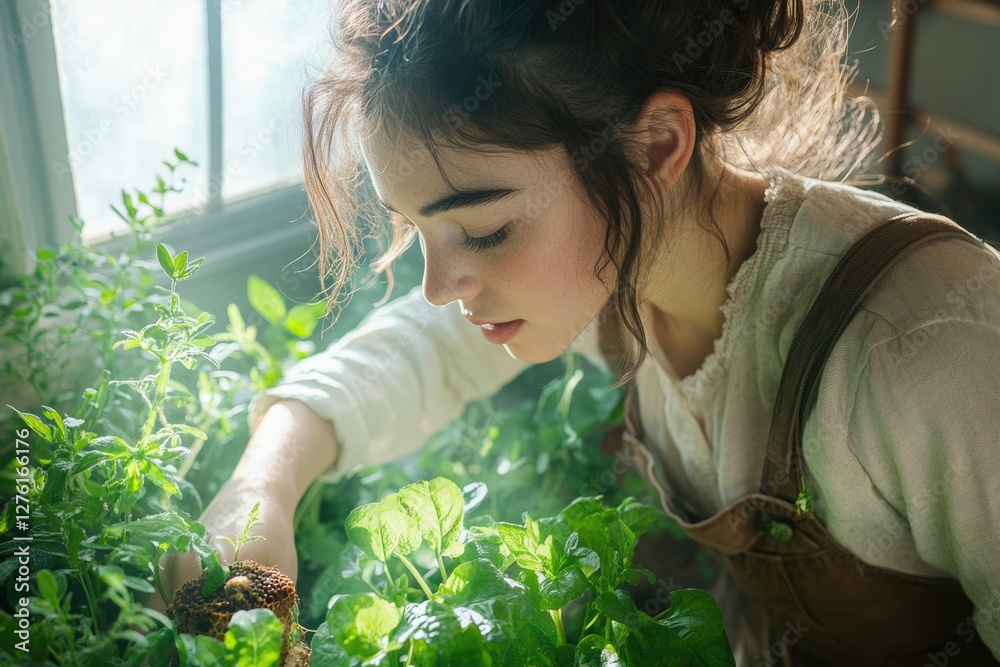 Young woman tending to vibrant green plants in a sunlit room, showcasing a moment of peaceful gardening. Young woman tending to vibrant green plants in a sunlit room, showcasing a moment of peaceful gardening.