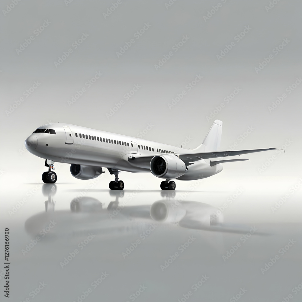 Obraz premium A white airplane in the process of landing, its landing gear fully extended as it approaches the runway. The aircraft is captured mid-air with a slight descent angle, engines humming, and a clear 