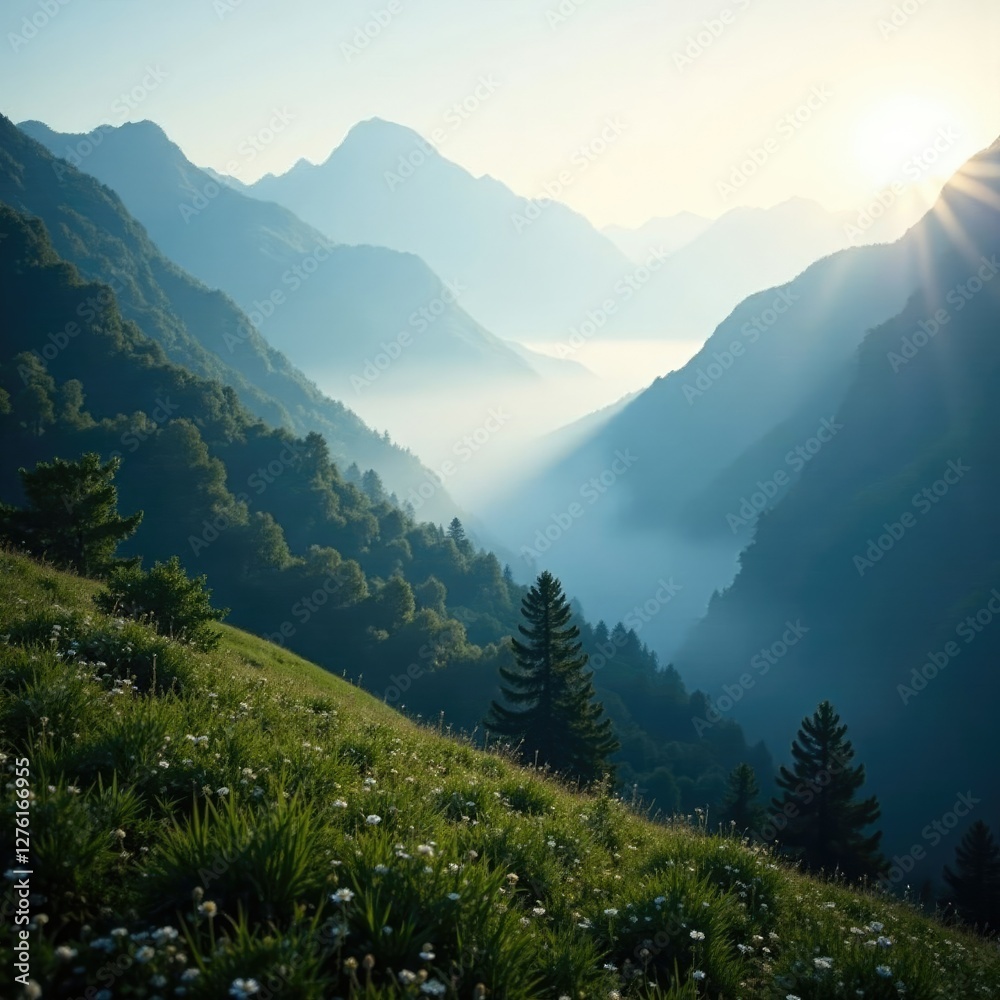 Fototapeta premium Mist-shrouded mountains in the early morning light, light, nature