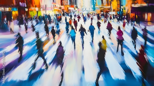 Blurred motion of a large crowd of people walking rushing and commuting on a busy vibrant and colorful city street at night in a metropolitan urban setting