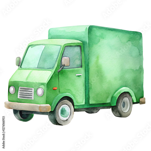 Green delivery truck illustration in watercolor style with retro design on white background