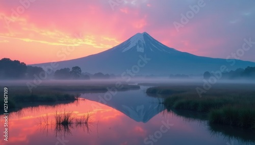 misty dawn over marshland with ancient mountain in background, serene, fog, water