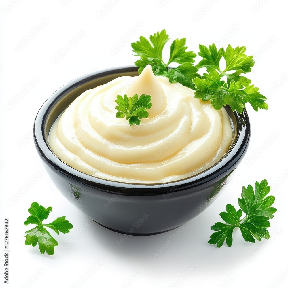 Creamy Mayonnaise in a Black Bowl with Parsley Garnish. Creamy Mayonnaise in a Black Bowl with Parsley Garnish.