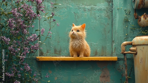 Fluffy ginger kitten sits on ledge, gazing upward; rustic teal wall, purple flowers. Ideal for pet, nature, or spring themes