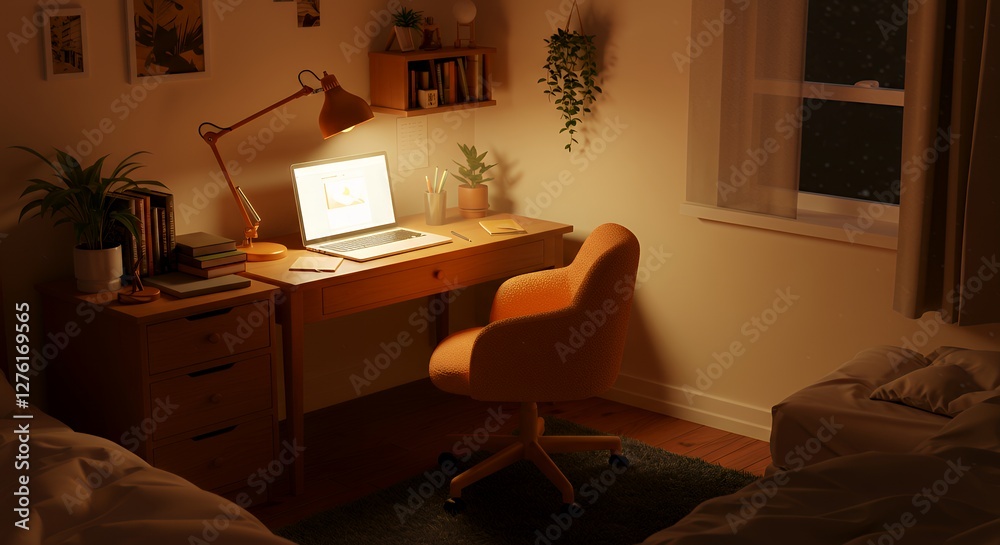Obraz premium Cozy Bedroom Workspace at Night with Laptop and Warm Lighting