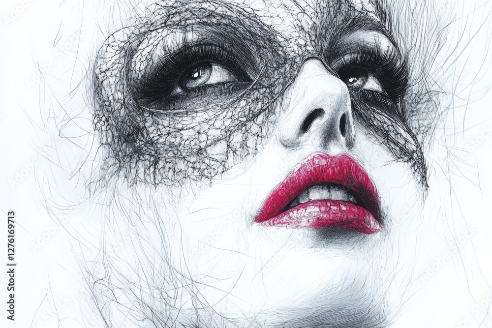 Fototapeta premium Stunning portrait of a woman with intricate lace design and bold makeup conveying elegance and mystery