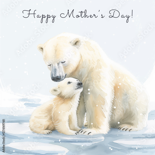 Sweet postcard of a mother bear with her cub. Great as greeting card for Mothers Day. Ai generated.