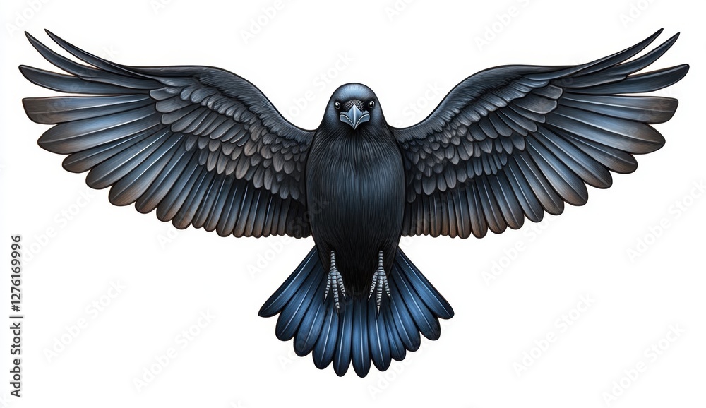 Fototapeta premium Detailed illustration of a large dark bird with wings outstretched, isolated on a white background. The bird is depicted with intricate details in