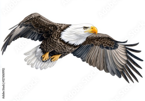 Majestic bird of prey in flight, brown and white plumage, powerful wings spread wide against a white background. Detailed feathers and intense gaze