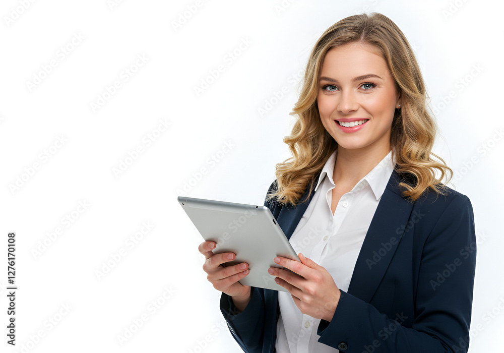 Portrait of a smiling young businesswoman holding a tablet, isolated Portrait of a smiling young businesswoman holding a tablet, isolated