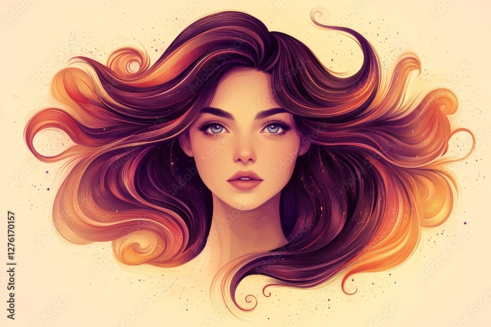Vibrant portrait of a young woman with flowing, colorful hair against a soft background showcasing artistic style Vibrant portrait of a young woman with flowing, colorful hair against a soft background showcasing artistic style