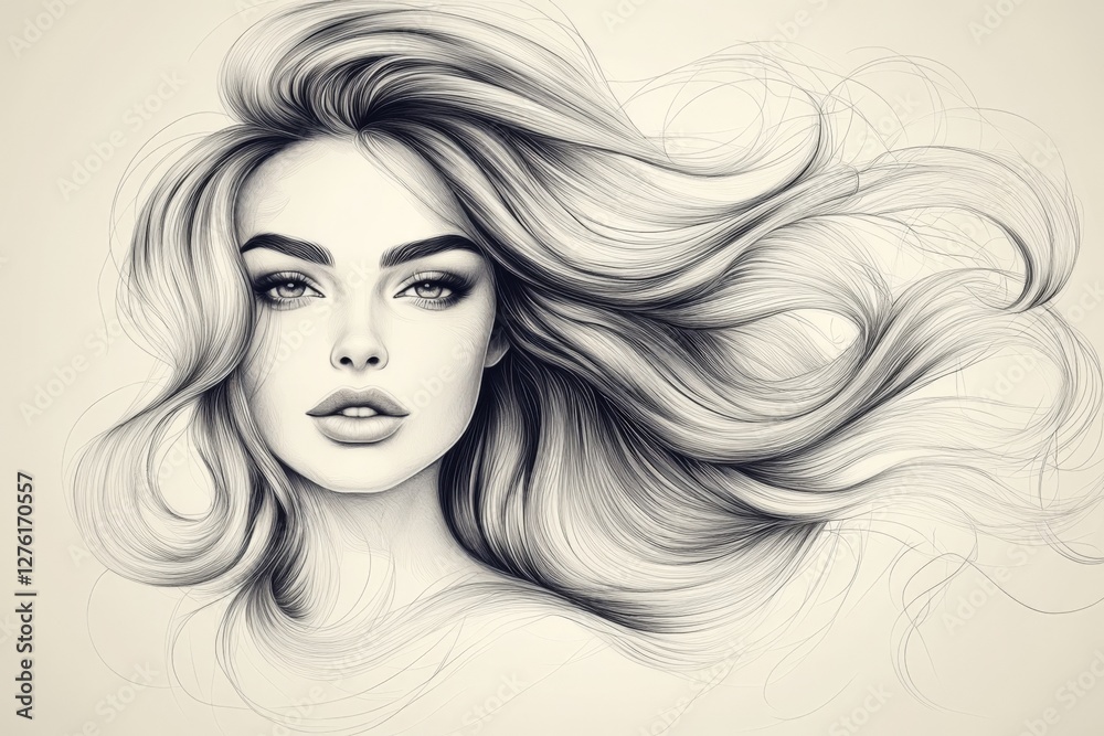 Elegant portrait of a woman with flowing hair in soft black and white illustration capturing beauty and grace Elegant portrait of a woman with flowing hair in soft black and white illustration capturing beauty and grace