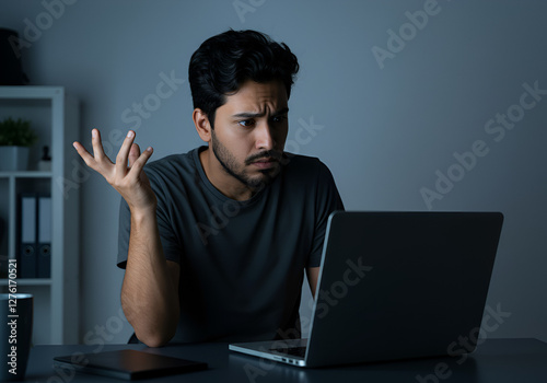 Concerned puzzled Latin freelance worker man looking at laptop with confused hand gesture. Frustrated worried computer user getting bad news, job technology failure, feeling shock, stress.