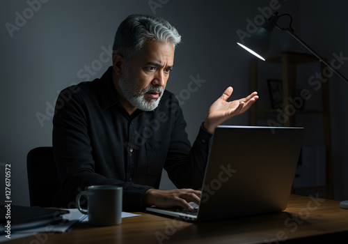 Concerned puzzled Latin freelance worker man looking at laptop with confused hand gesture. Frustrated worried computer user getting bad news, job technology failure, feeling shock, stress.