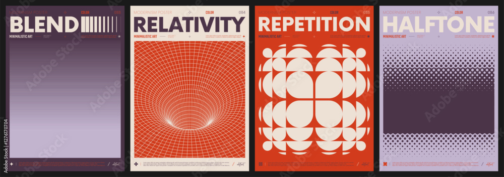 Modern abstract artwork collection, vector minimalistic posters with geometric shapes, brutalism style inspired graphic, bold Y2k futuristic aesthetic, form distortion effect, color set 9