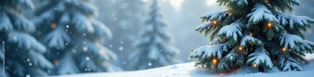 Snowflakes fell gently around the snow covered fir tree, winter wonderland, cold weather, gentle snow Snowflakes fell gently around the snow covered fir tree, winter wonderland, cold weather, gentle snow