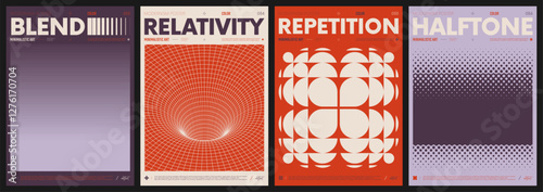 Modern abstract artwork collection, vector minimalistic posters with geometric shapes, brutalism style inspired graphic, bold Y2k futuristic aesthetic, form distortion effect, color set 9