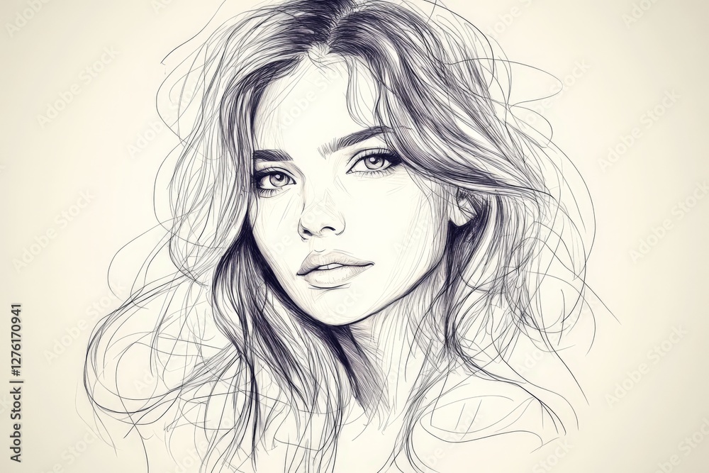 Artistic portrait of a young woman with flowing hair and expressive eyes in detailed line art style Artistic portrait of a young woman with flowing hair and expressive eyes in detailed line art style