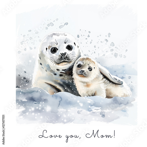 Sweet postcard of a mother seal with her pup. Great as greeting card for Mothers Day. Ai generated.