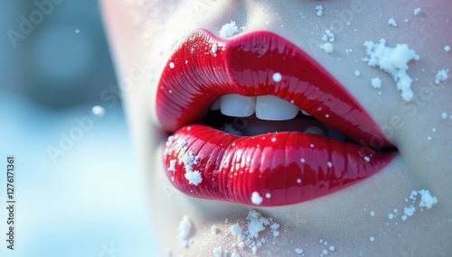 The only splash of color in an otherwise all white snow scene with bold lips, icy, peaceful, stillness photo