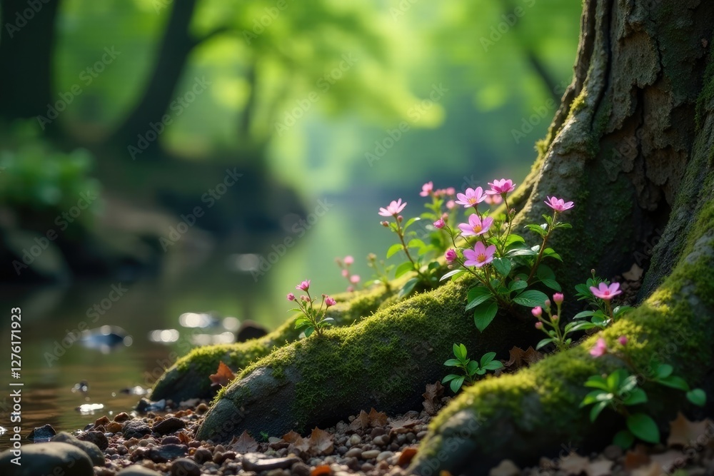 Obraz premium Tiny pink flowers blooming on the roots of an ancient tree near a river, pink flowers, wildflowers, blooms