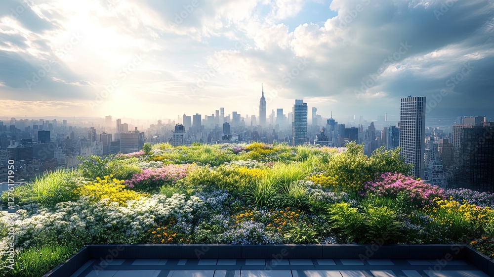 Fototapeta premium Urban rooftop garden overlooking a futuristic city skyline 