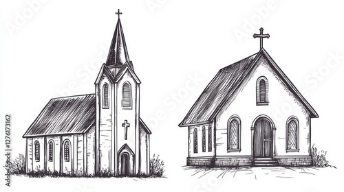  Hand Drawn Church Buildings, Vintage Architectural Vector Illustration of Religious Structures with Detailed Sketches of Cathedrals, Chapels, and Christian Landmarks in Traditional Art Style.